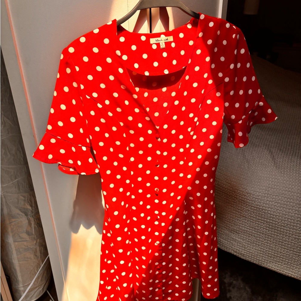 Blue Ciel Polka Dot Flutter Sleeve Blouse with Peter Pan Collar